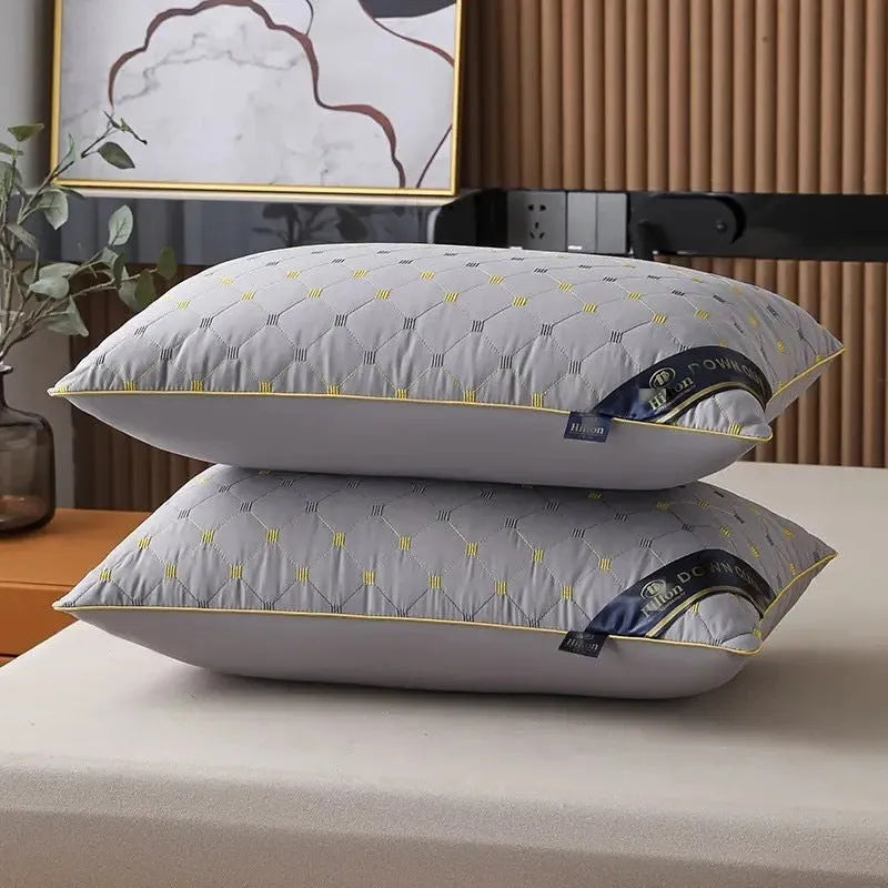 Polyester pillow core in blue, grey, or white, showing size options 48x74cm and 42x70cm with varying fill weights.