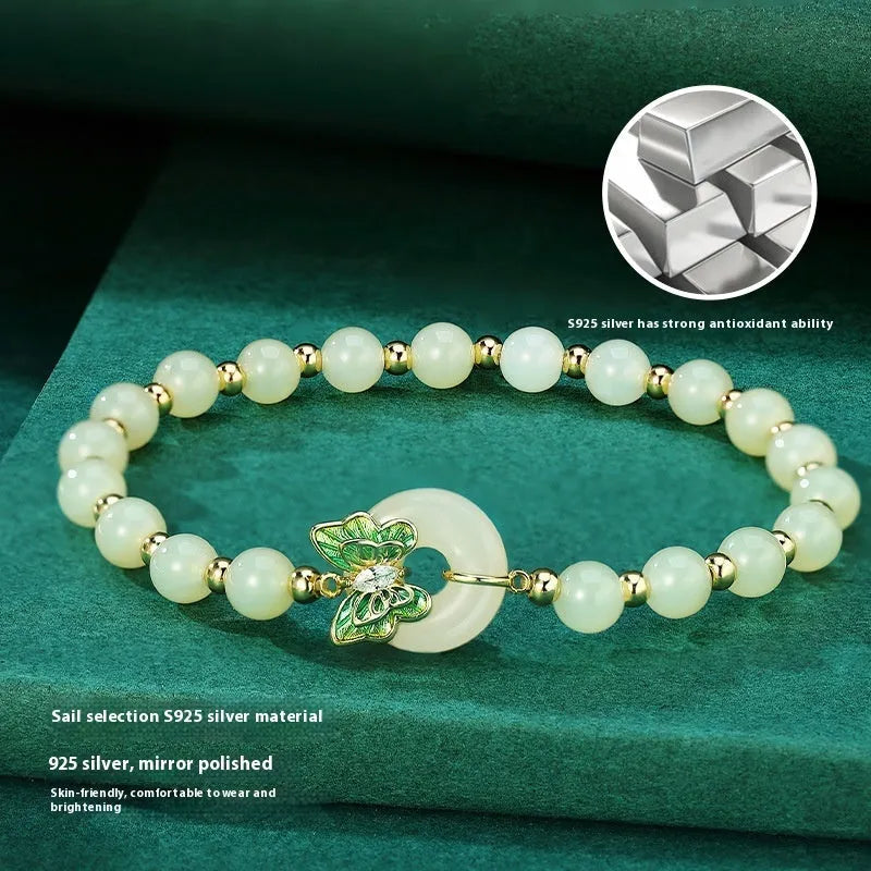 Hetian jade bracelet butterfly design cyan sterling silver inlay 6mm women's light luxury