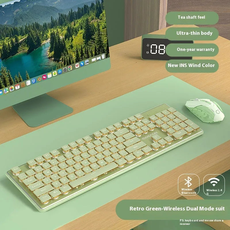 Prewalker V3 silent keyboard and mouse set in retro green colour on a desk.