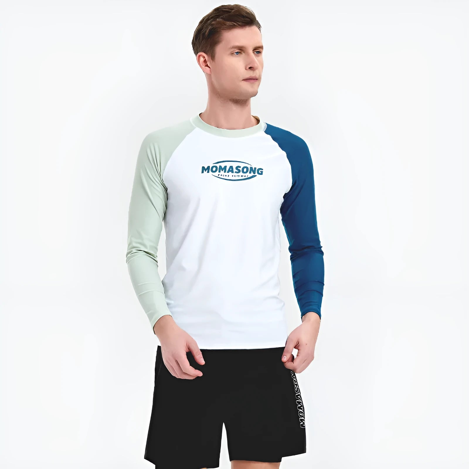 Men's long-sleeved white top with matching swimming trunks swimsuit set for beach sports