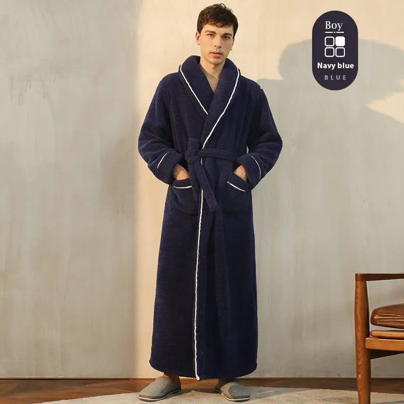 Men's and women's thick flannel bathrobe couple set in winter colours with extended plus sizing