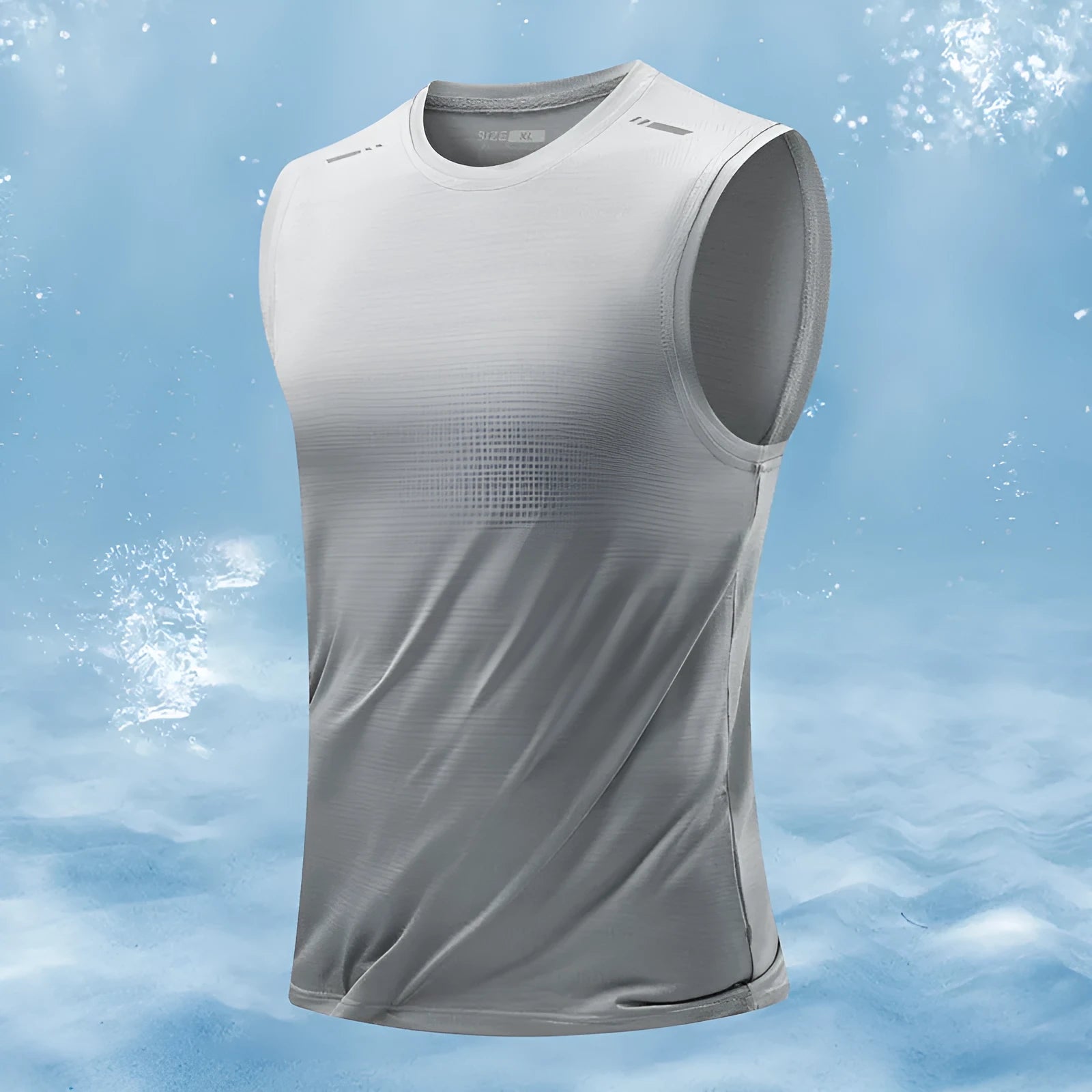 Man wearing a loose grey bamboo fibre sleeveless waistcoat with a straight hem.