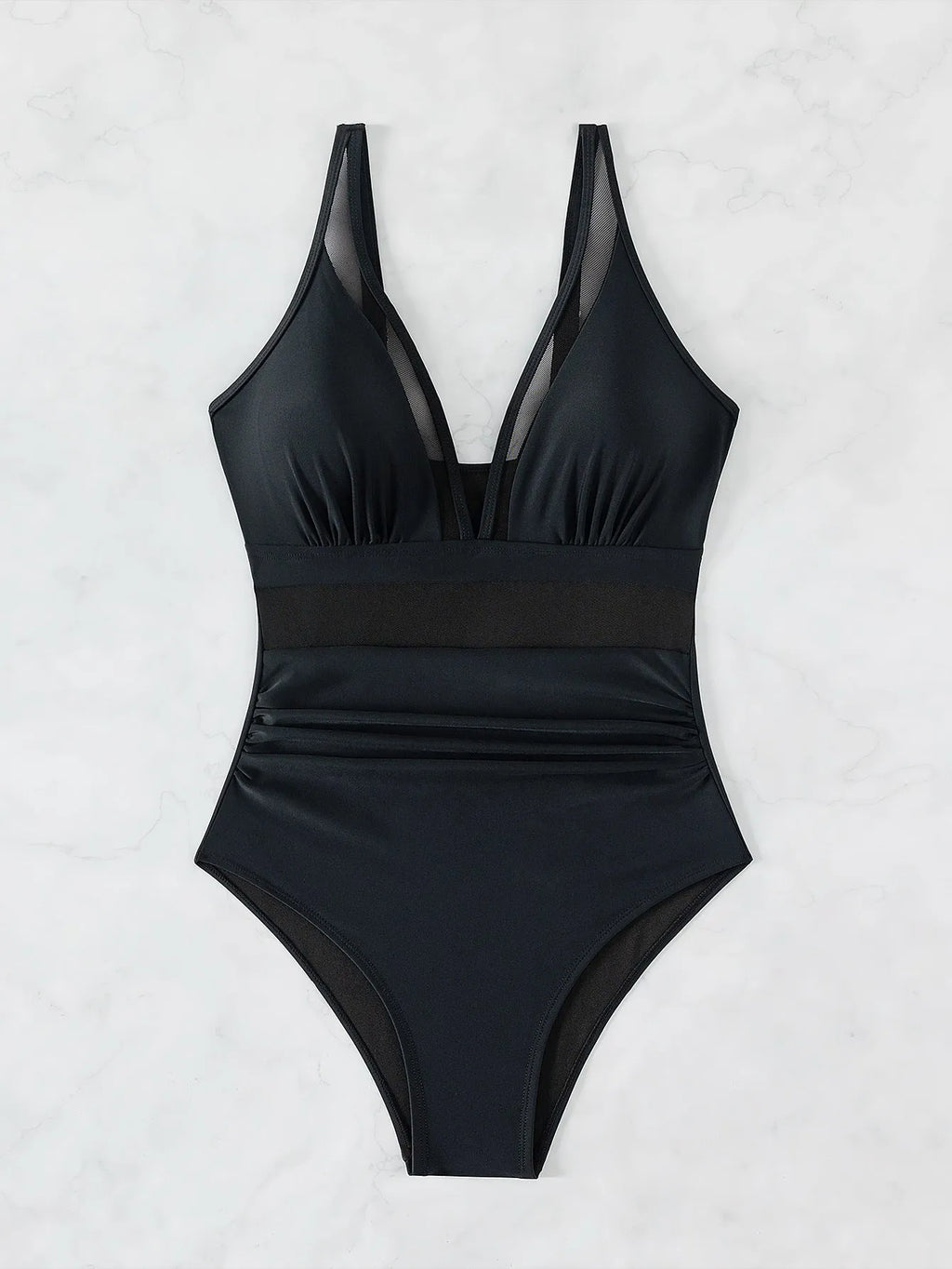 Black women's halter neck one-piece swimsuit with mesh detail and high-cut briefs.