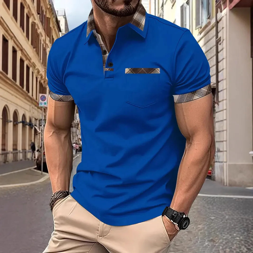 Men's loose fit plaid colourblock t-shirt with short sleeves and zipper decorations.
