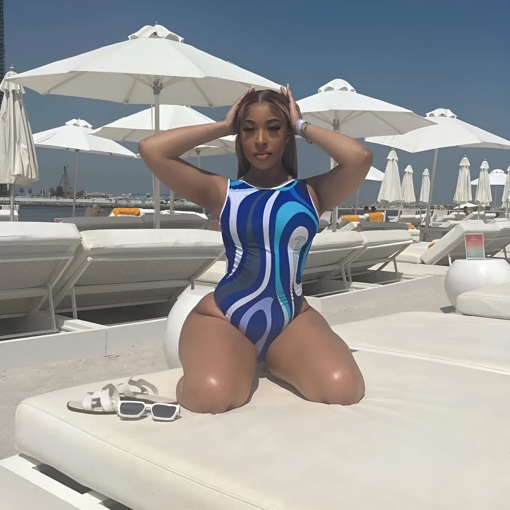 Women's striped polyester conjoined square scarf bikini swimsuit in blue and pink