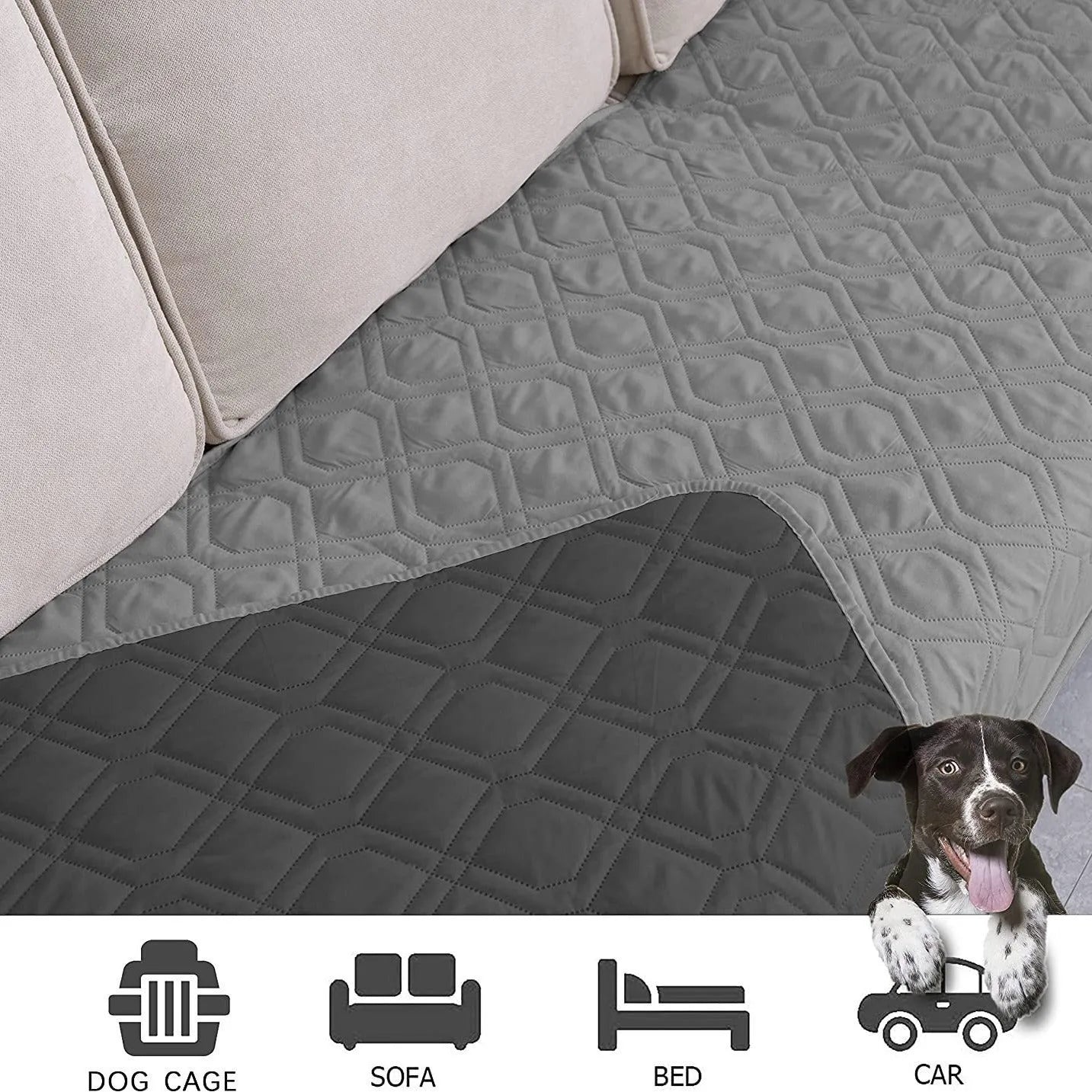 Reversible grey and burgundy waterproof dog blanket laid flat on a sofa.
