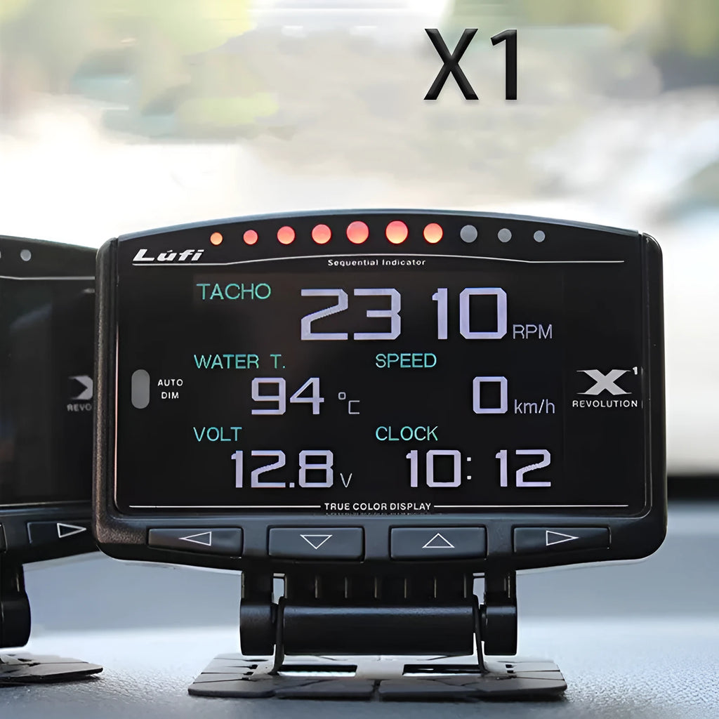 X1 Automotive OBD diagnostic instrument with LED display, metal housing, and connected power cord.