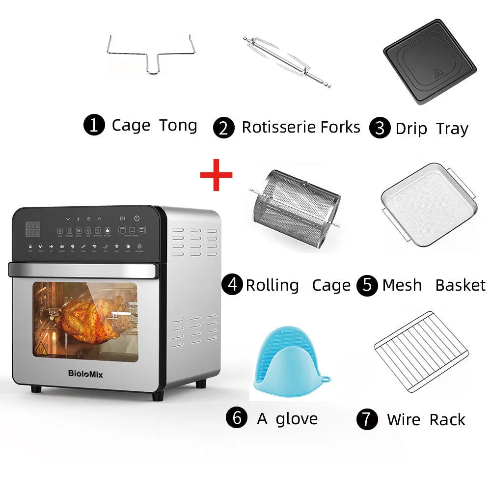 Silver stainless steel double heating air oven with 15L capacity and electronic touch panel