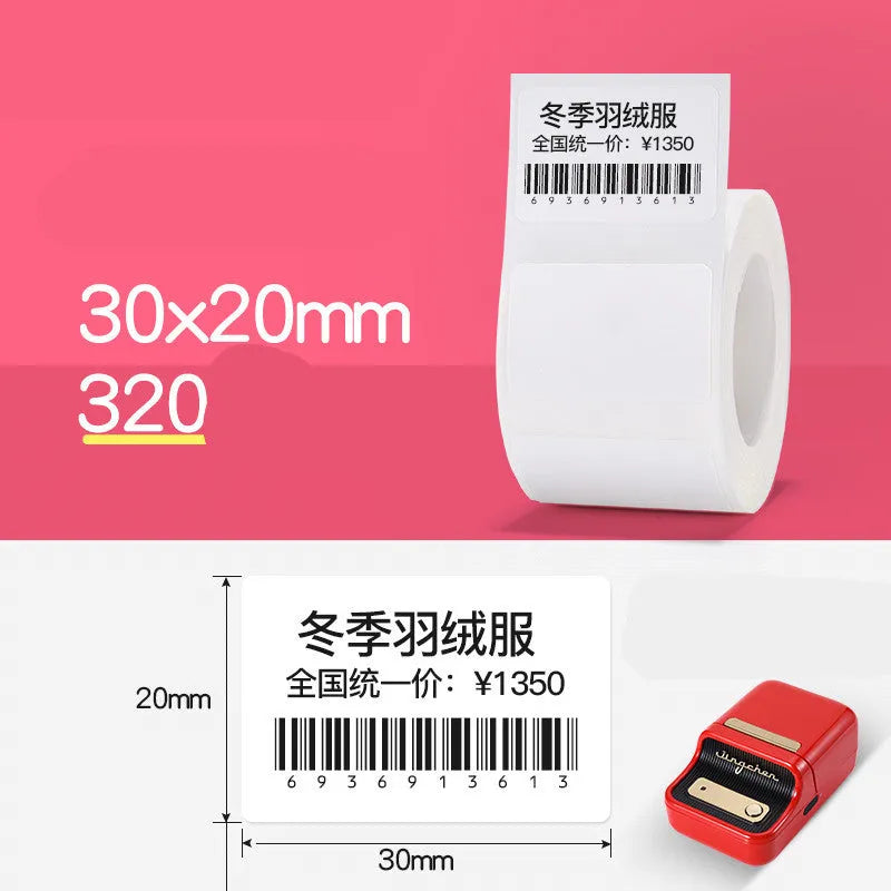 Thermal barcode paper labels with protective film on a roll, multiple size options from 30mm to 80mm, direct thermal printing.