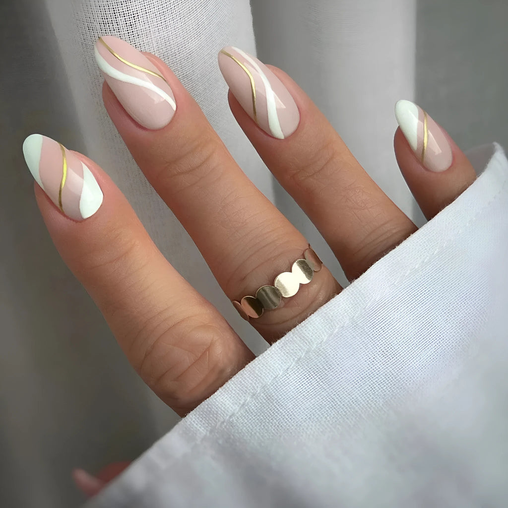 Golden Lines plaid pattern nail stickers in JF0518 jelly glue colour, medium drop shape.