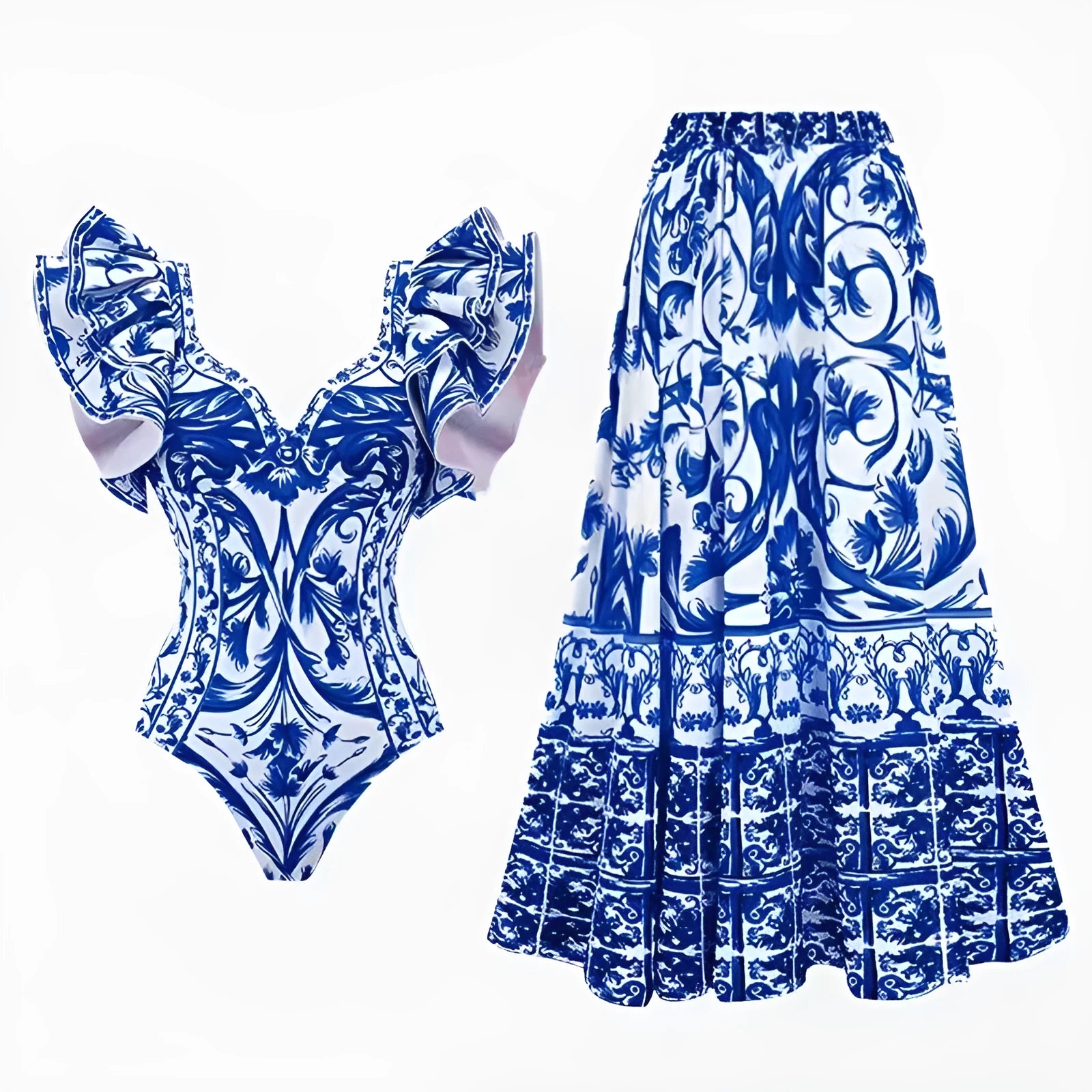 Adult woman modelling a printed one-piece swimsuit with a skirt detail in a blue colour.