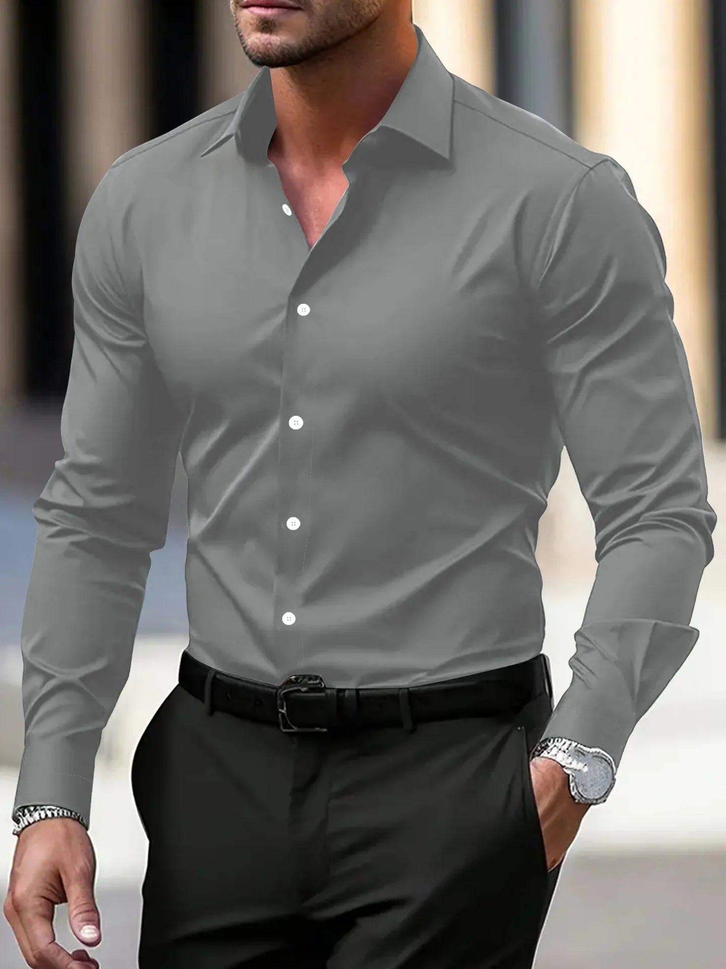Men's long sleeve velvet button down business shirt in solid colour, summer casual vacation top