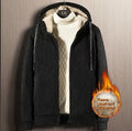 Men's zipper hooded fleece cardigan in black, front view, thick fabric for winter warmth