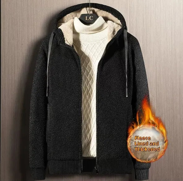 Men's zipper hooded fleece cardigan in black, front view, thick fabric for winter warmth