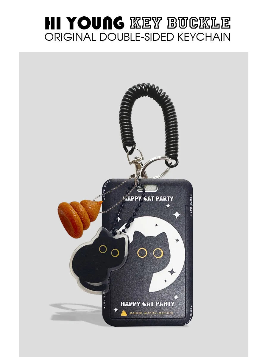 Plastic card holder with cartoon black cat design and a metal ferrule pendant attached.