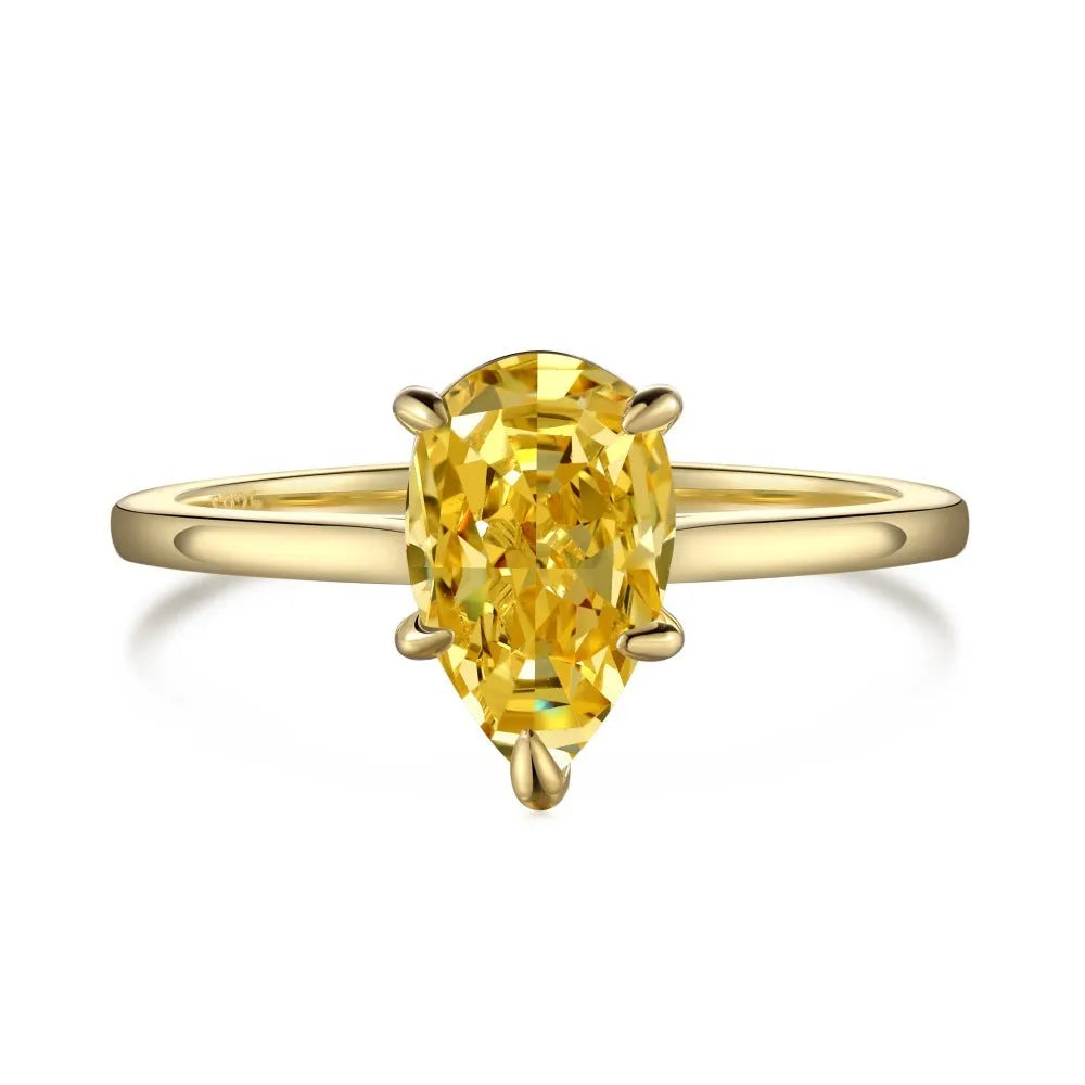 Sterling silver ring with pear-shaped high-grade zircon inlay, closed band, electroplated finish, multiple colours available