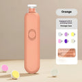 Lightweight maternal and child nail trimmer suit with orange plastic body, 6 grinding heads, and storage box on white background