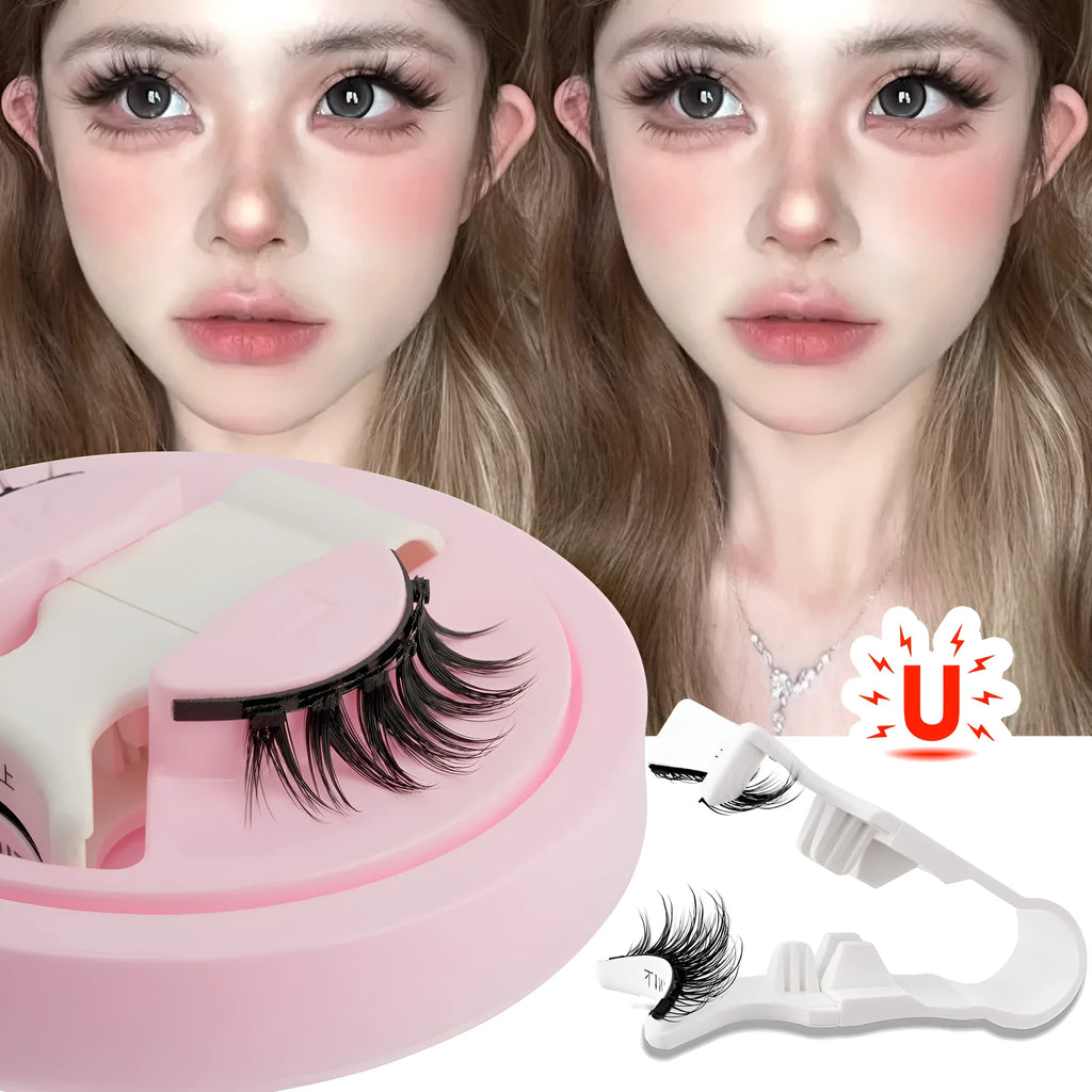 Set of reusable waterproof false eyelashes in a natural thick style with glue-free application.