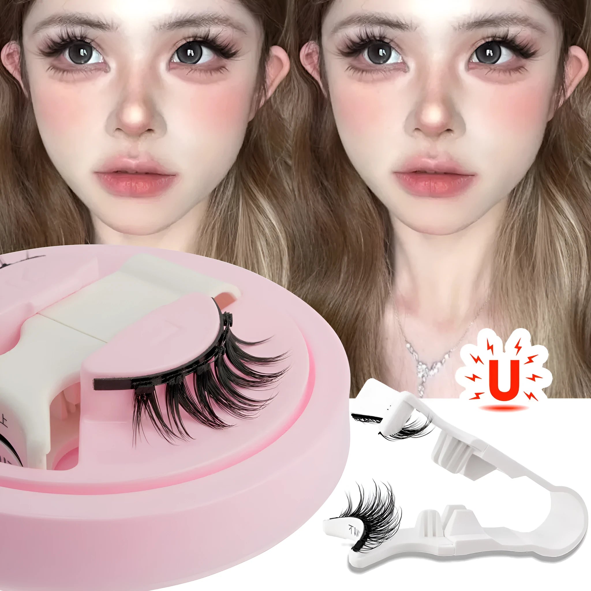 Set of reusable waterproof false eyelashes in a natural thick style with glue-free application.