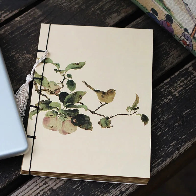 A5 antique wire-bound notebook with retro painting cover, wax rope binding, and tassels
