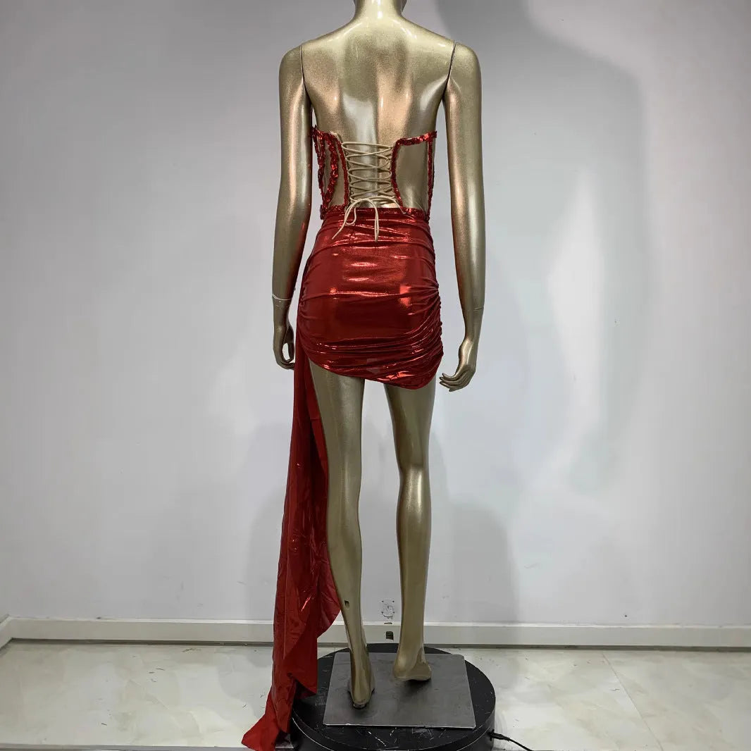 Red hollow mesh see-through skirt suit stage costume for women performers