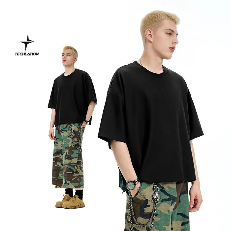 Men's sand grey loose-fit short sleeve T-shirt with quick-drying fabric on a hanger.