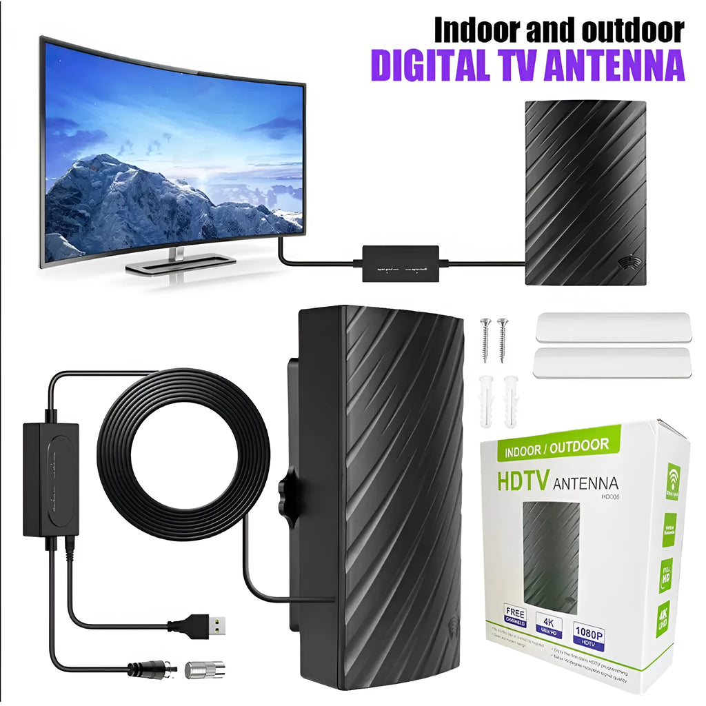 Black indoor digital TV antenna with mounting hardware including screws, adhesive tape and cable ties
