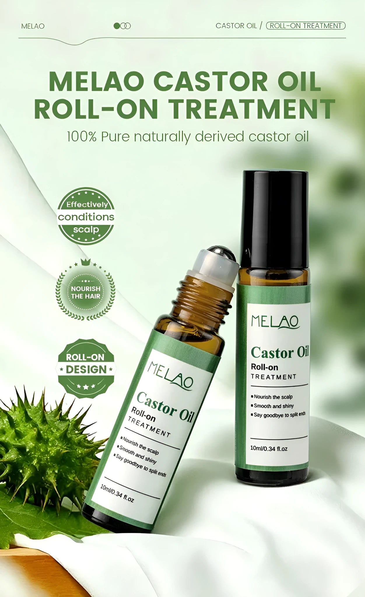 Castor oil roll-on 10ml portable hair growth serum with roll-on applicator for scalp nourishment