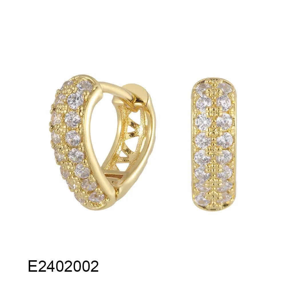 Copper heart-shaped ear clip earrings with gold electroplating and zircon stone accents