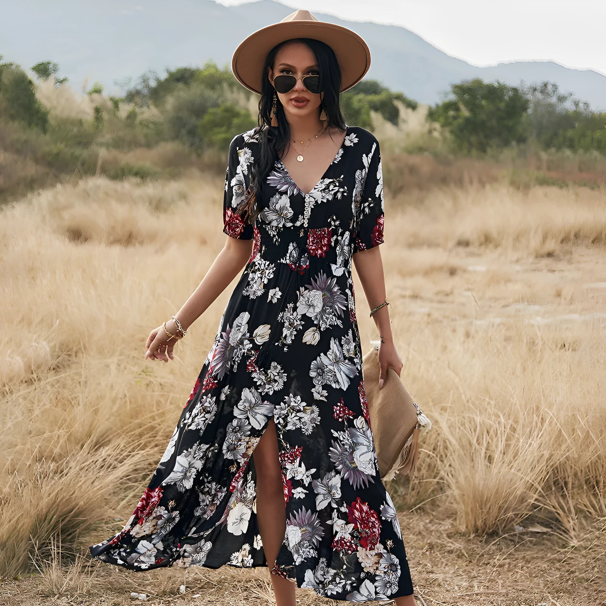 Women's floral summer beach dress with V neck and elastic waist in mid-length cut