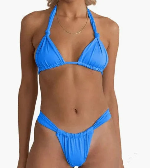 Women's pleated split strap bikini swimsuit in a solid colour with knotted detailing.