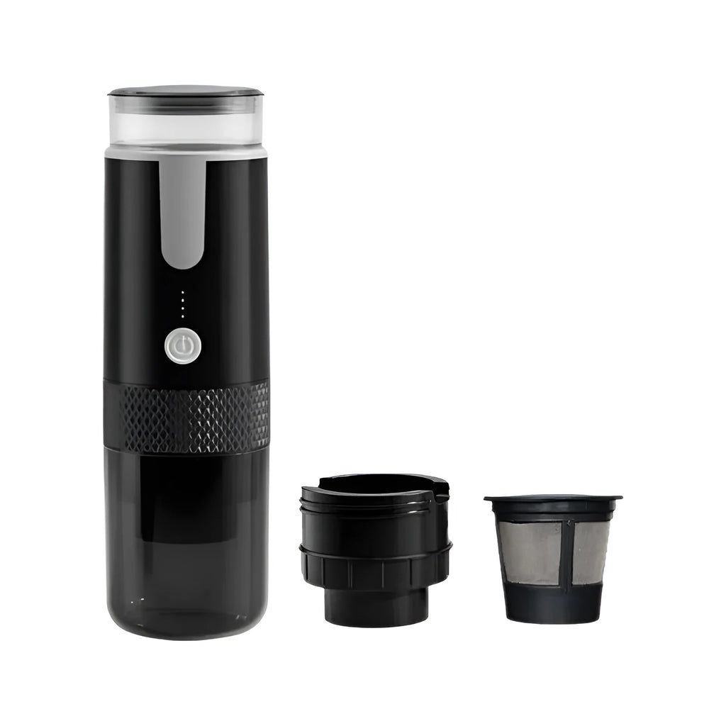 Black portable K-Cup coffee machine for vehicle and travel use with 36V DC input