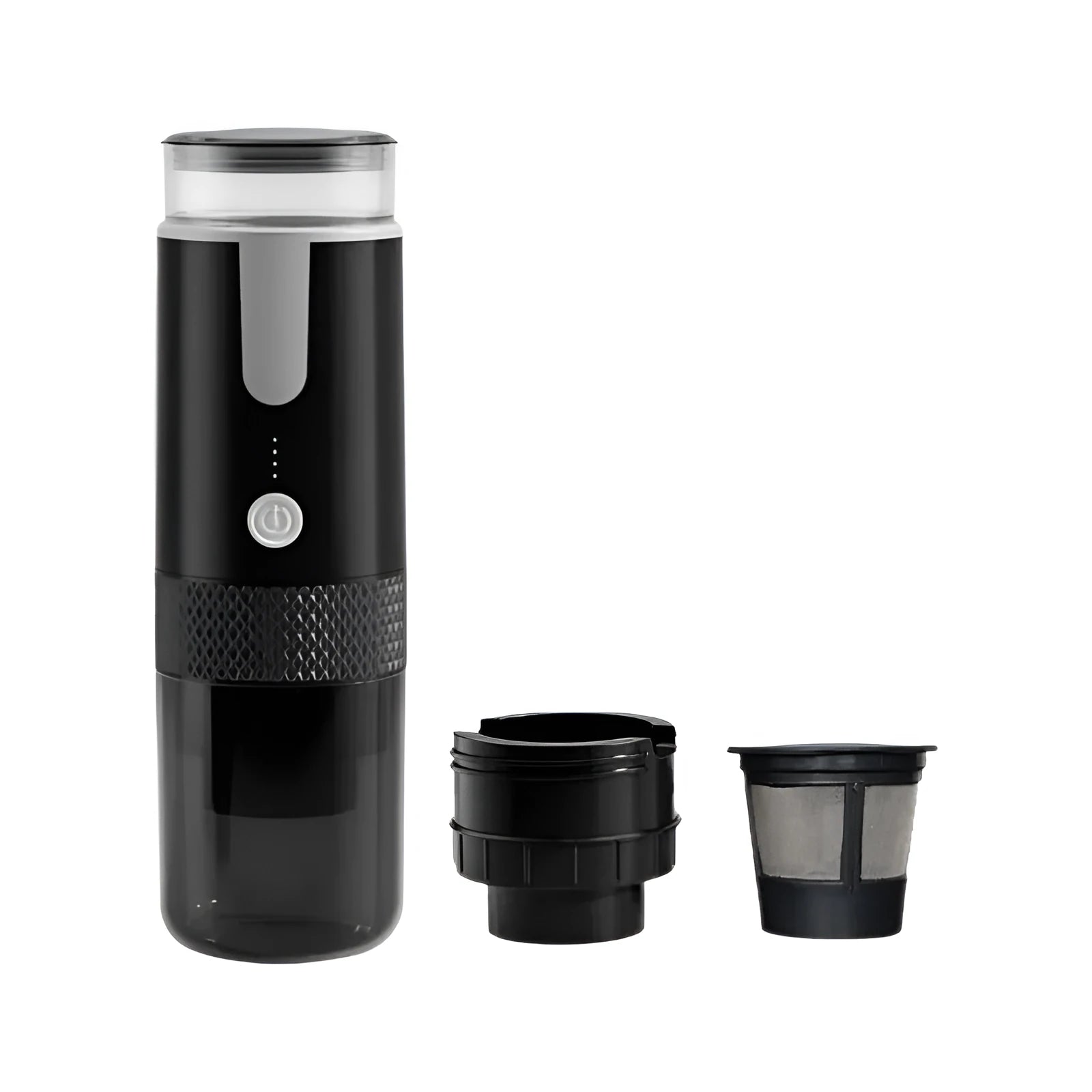 Black portable K-Cup coffee machine for vehicle and travel use with 36V DC input