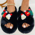 Women's Christmas hat decoration slippers in super hairy faux plush, shown in black, khaki, or white.