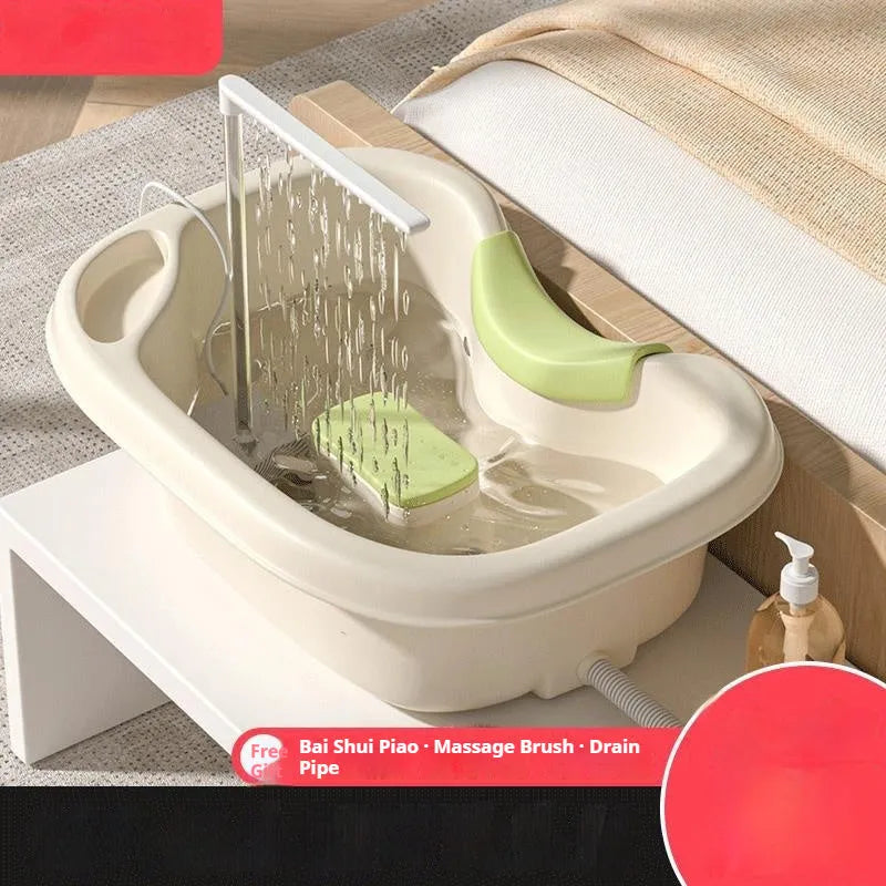 Portable shampoo basin with circulating pump and adjustable headrest in light pink or beige