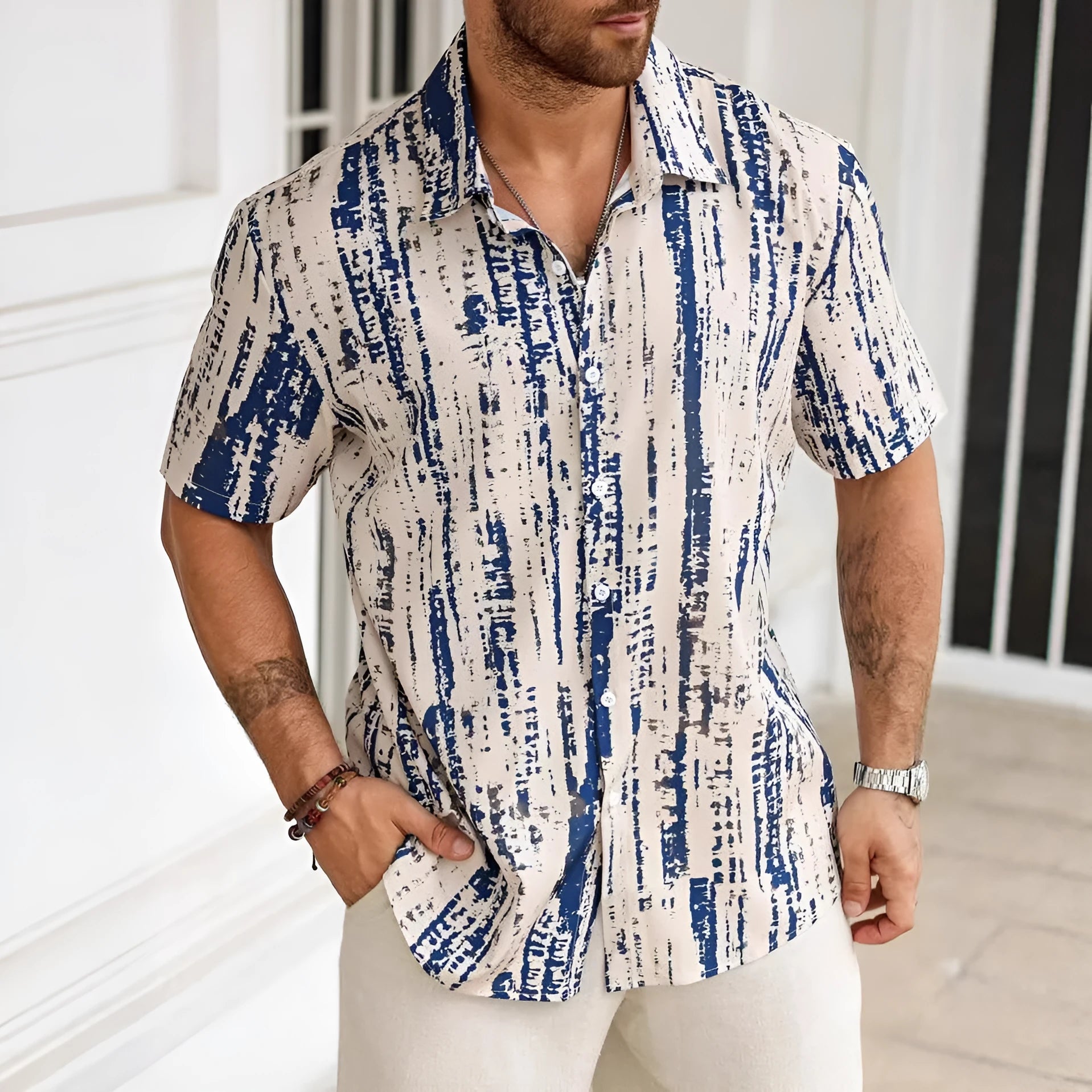 Men's 3D printed stripe shirt in anti-wrinkle polyester fabric for summer casual wear