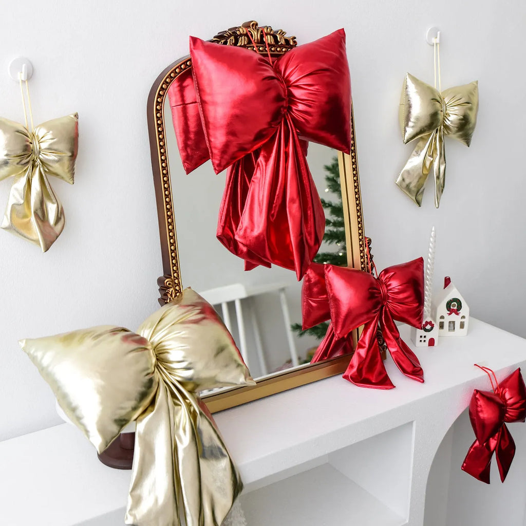Christmas decorative bowknot in bright leather finish, red, 30cm size, hanging ornament