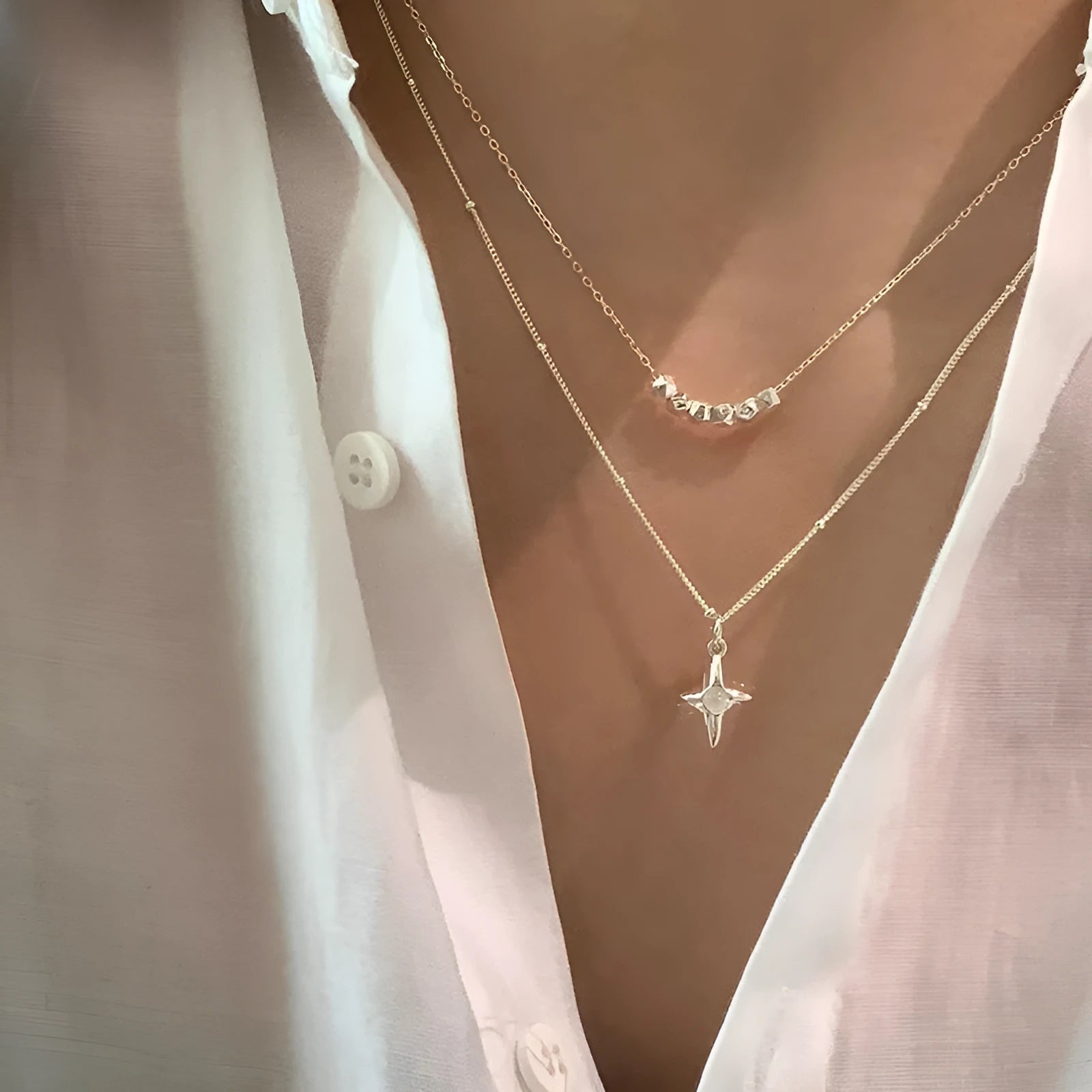 Double layer stainless steel opal cross necklace for women, rustproof, colour XL3329, on display