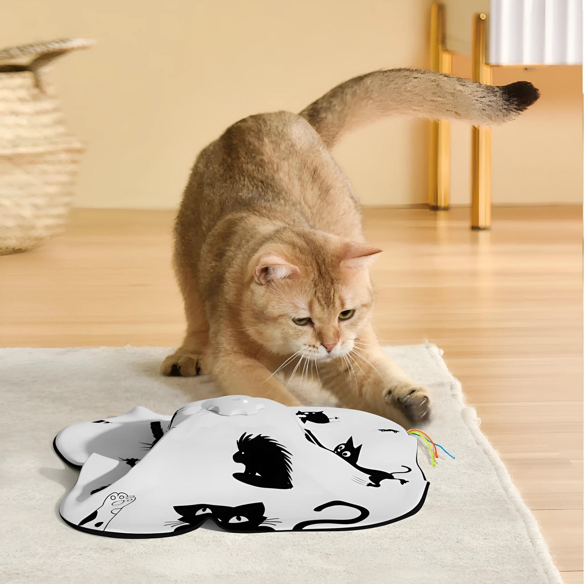 Electronic self-moving cat teaser toy with plastic construction measuring 19.8cm