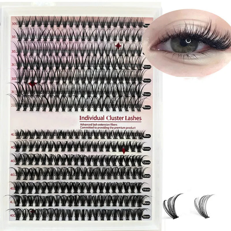 Mixed package of DIY 30D and 40D cluster false eyelashes ranging from 9mm to 16mm with tweezers