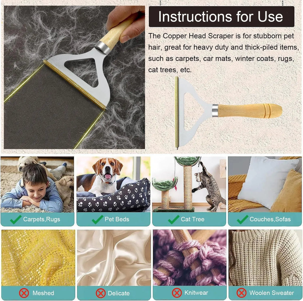 Three-piece pet hair remover set with metal scraper, silicone lint brush and round fuzz remover.