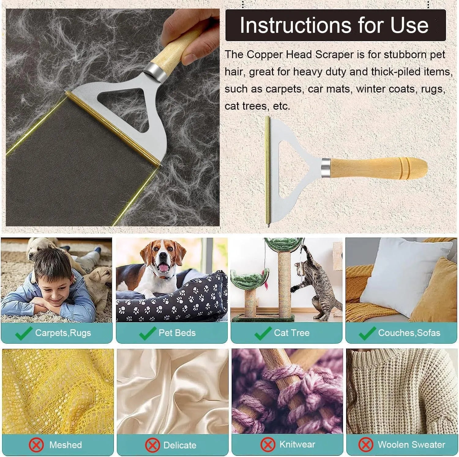Three-piece pet hair remover set with metal scraper, silicone lint brush and round fuzz remover.