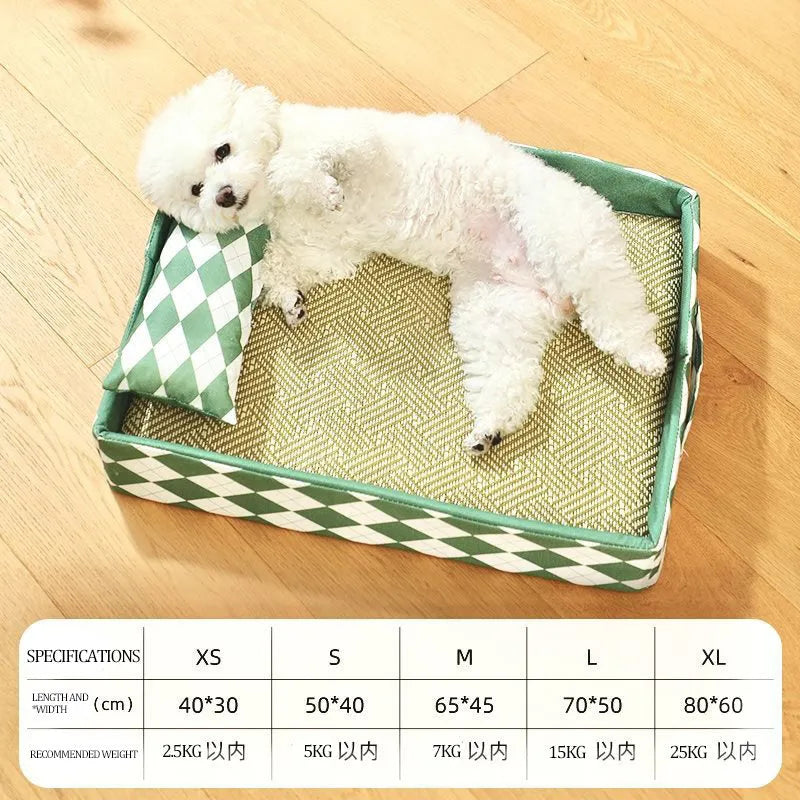 Blue rattan cat litter mat and sleeping bed next to a litter tray, showing woven texture and size scale.