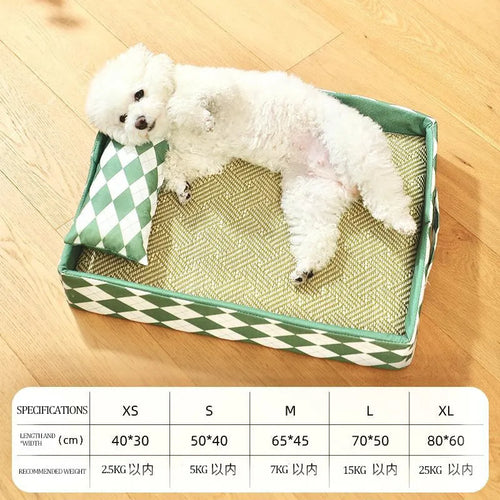 Blue rattan cat litter mat and sleeping bed next to a litter tray, showing woven texture and size scale.
