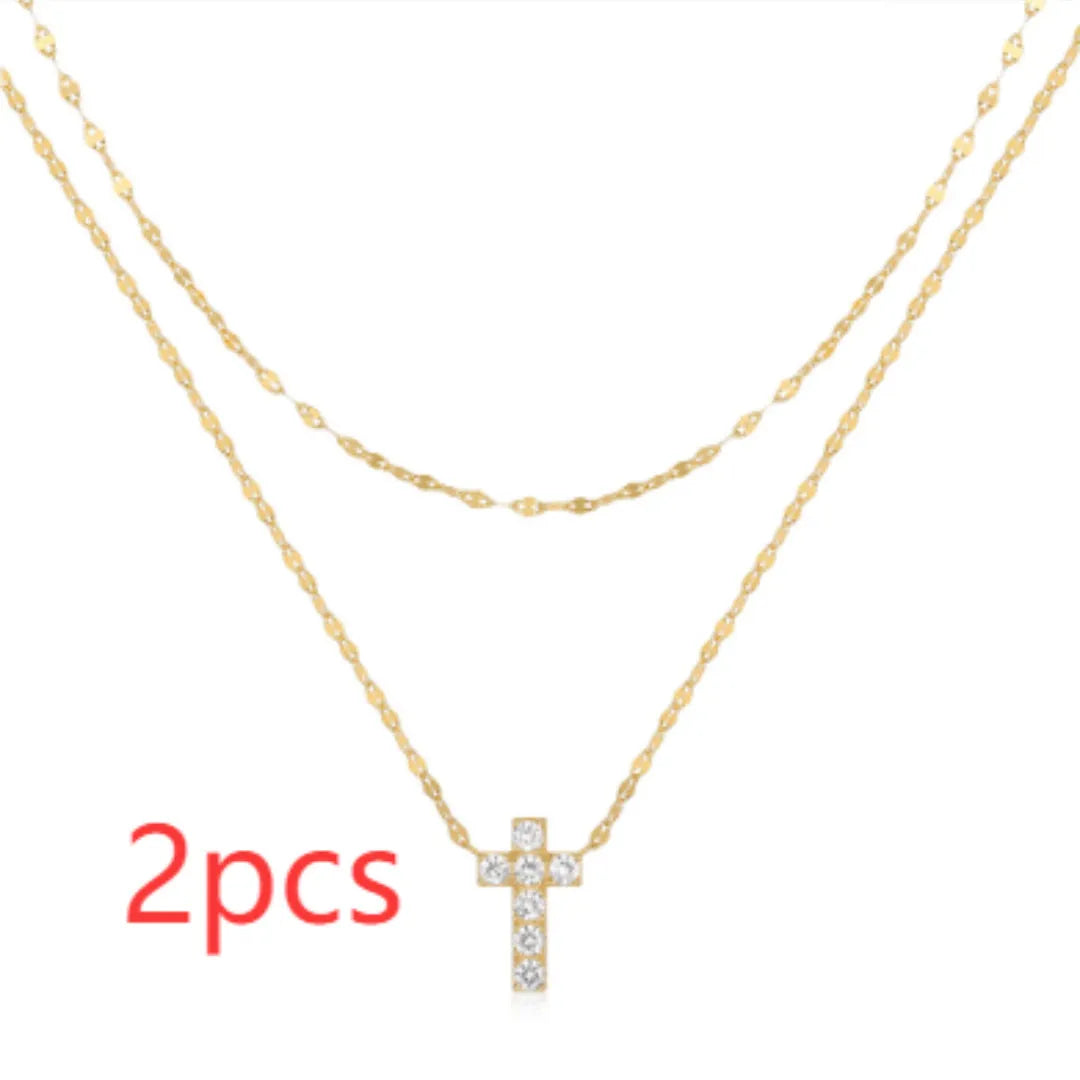 Sterling silver double layer twin diamond cross pendant necklace on clavicle chain