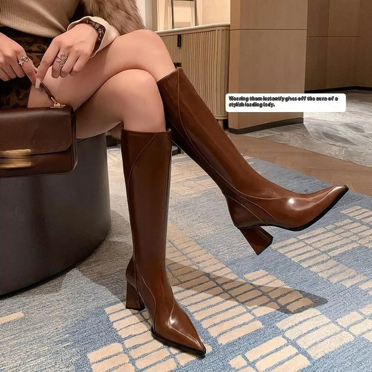 Women's retro Maillard tube high heel riding boots in cowhide leather with waterproof platform, black colour