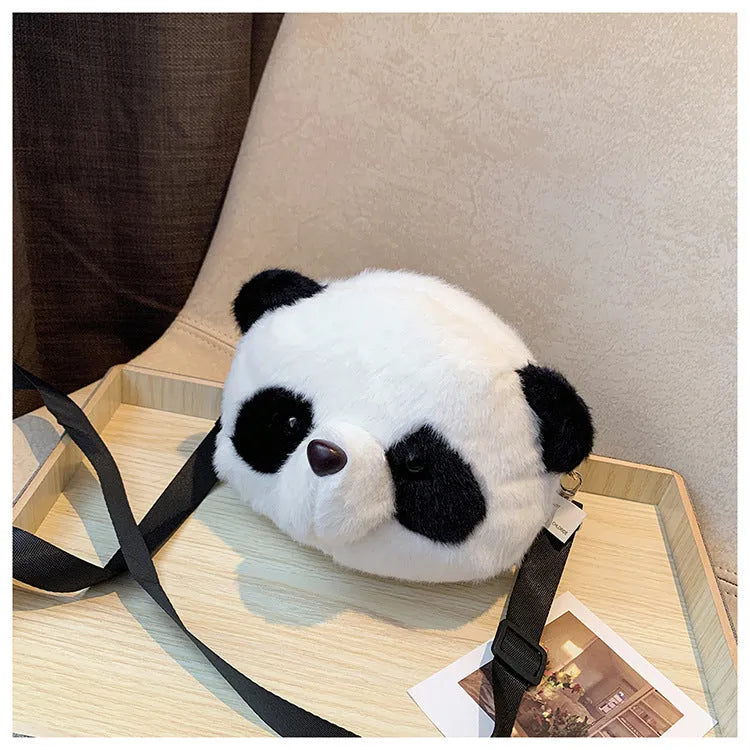 Cute plush crossbody bag with panda head design, cylindrical shape measuring 18×15×8cm