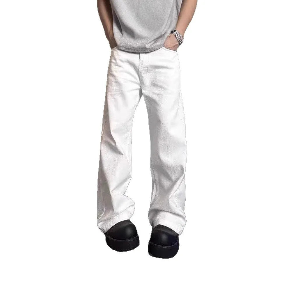 Men's white straight-leg denim jeans with a mid waist and zipper fly on a neutral background.