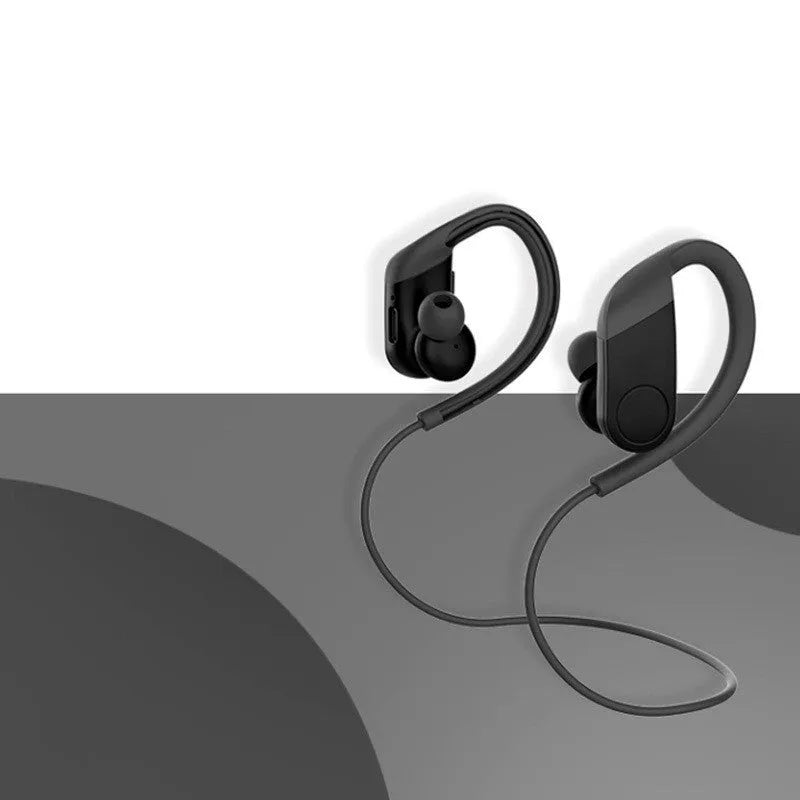 Wireless in-ear hanging Bluetooth headset in black with earbuds and neckband on white background