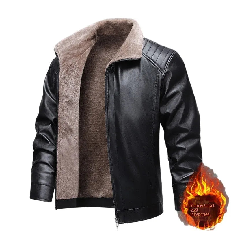 Men's fleece-lined thickened real leather jacket in black, casual leisure outerwear